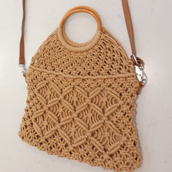 ZIPPER CLOSER TAN MACRAME RING CROSSBODY BOHO BAG - Picture 7 of 13